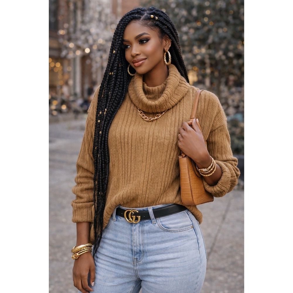 Miss Me Women's Rib-Knit Cowl Neck Sweater Mustard Size S